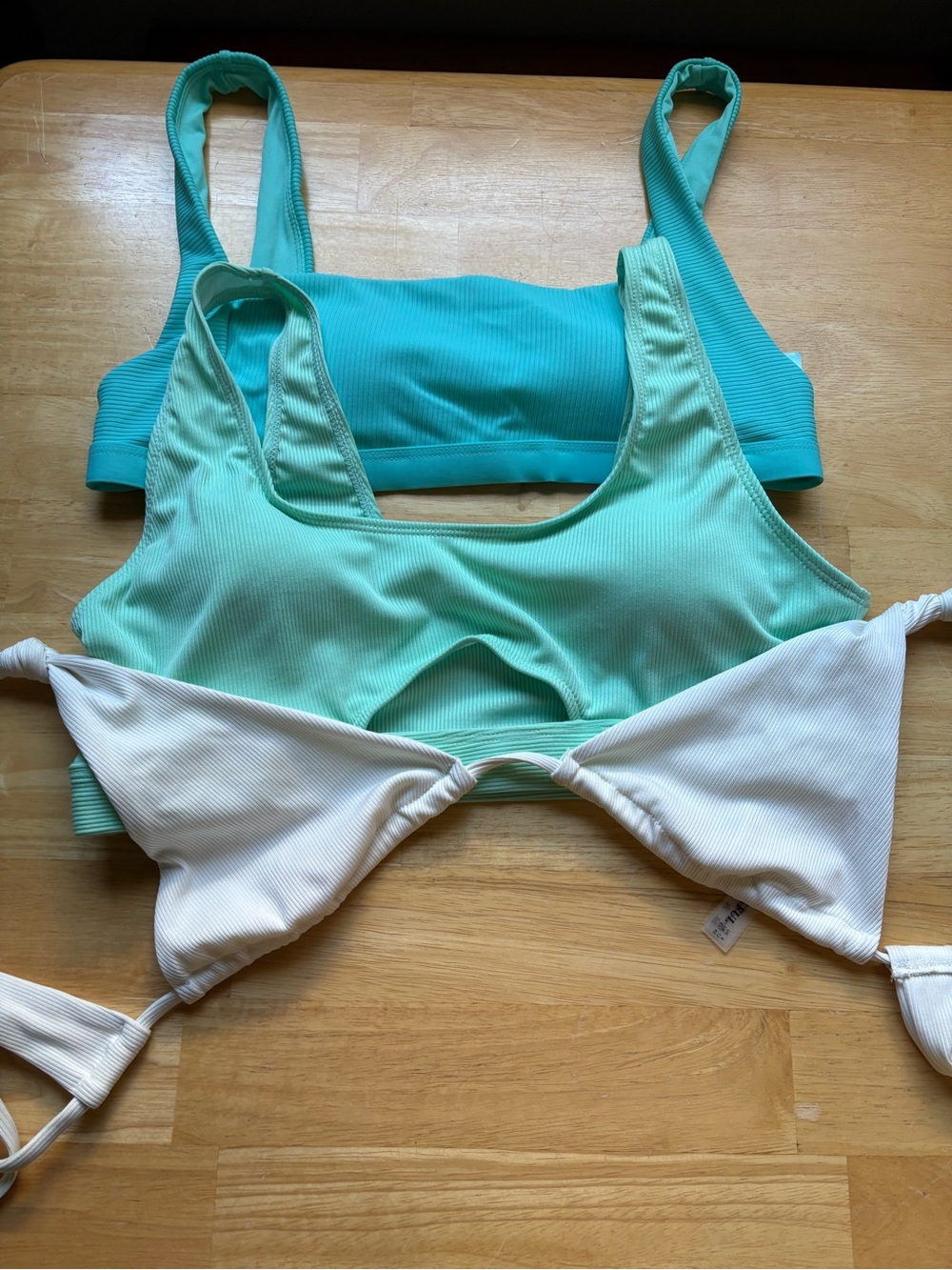 Set of Three Ribbed Bikini Tops in Aqua, Mint & White